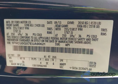 2014 Ford Escape Se z USA, uszkodzony, nr VIN 1FMCU0GX7EUA90621